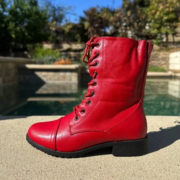 New True Red Lace Up Military Combat Moto Ankle Boots Booties Low Block Heel Zip - Picture 2 of 5